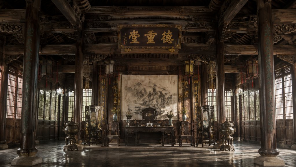 古装宫廷正厅，雕梁画栋，太师椅与条案陈设，屏风壁画，写实风格