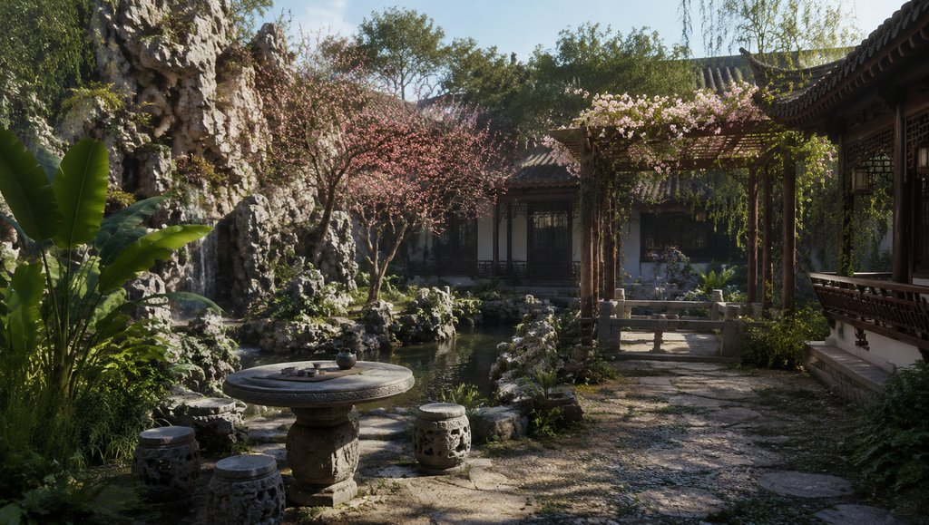 古典中式内宅花园,假山池塘环绕,花架回廊掩映,石桌石凳静置,春日花开,写实风格