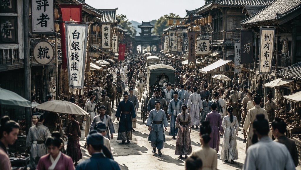 古代街市繁华景象，人群熙攘，古装人物穿行，车马穿梭，酒旗幌子林立，写实风格