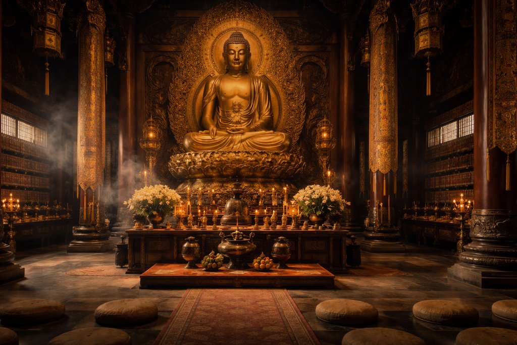 金色佛像端坐大殿中央，香案供奉鲜花烛火，蒲团排列整齐，古风寺庙写实场景