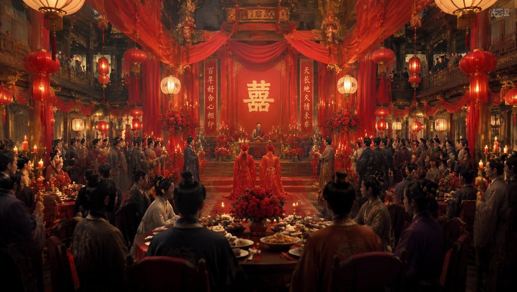 古装宫廷婚宴场景,红绸喜字高悬,新人拜堂,宾客满座,烛光灯笼映衬喜庆氛围