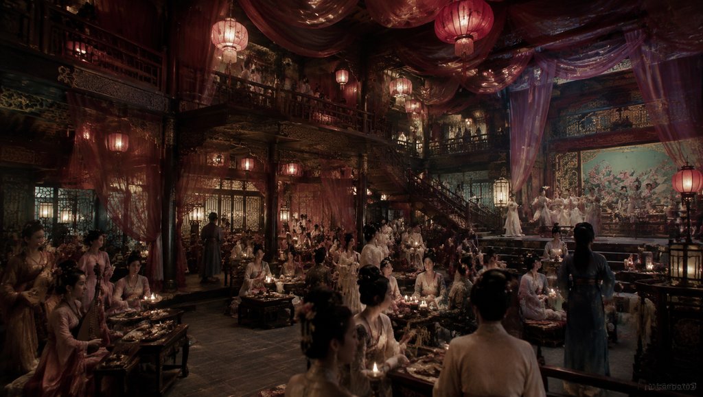 古代青楼教坊场景,红纱灯笼高挂,雕花楼阁内众女子身着古装宴饮,舞台上有舞者表演,写实风格
