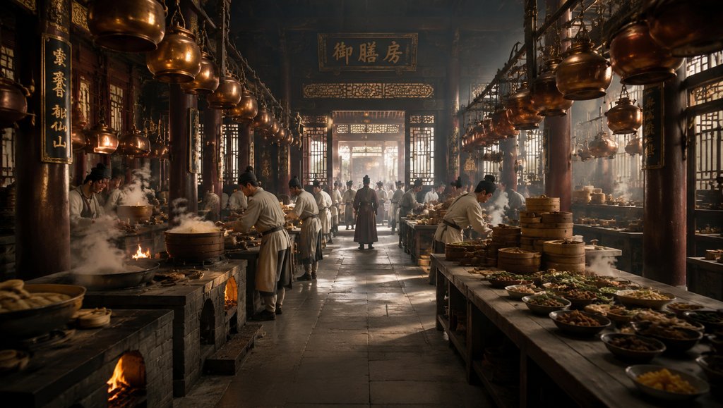 古代宫廷御膳房，工匠忙碌烹饪，铜锅蒸笼蒸汽弥漫，写实古装场景
