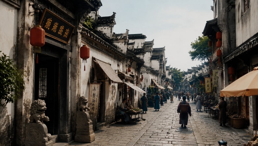 古风市井深巷，青石板路两旁白墙黛瓦建筑，红灯笼高挂，行人穿行其间，写实风格