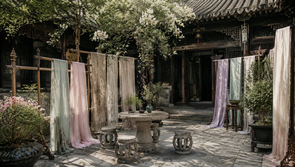 古风庭院中晾晒轻纱,石桌绣凳环绕,花架繁花点缀,写实宫廷场景