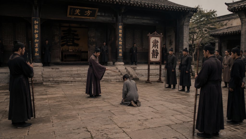 古装祠堂前,一人跪地受罚,官员持棍训诫,两侧侍卫肃立,青石板庭院,写实风格