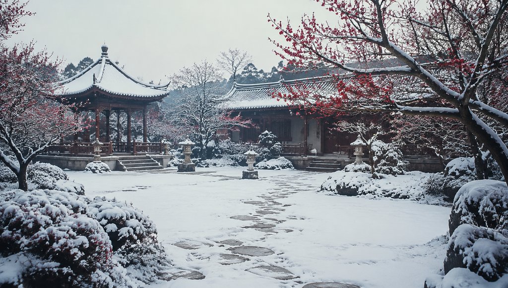 雪中红梅绽放的古典园林，亭台楼阁覆盖积雪，石径蜿蜒，中式庭院冬景