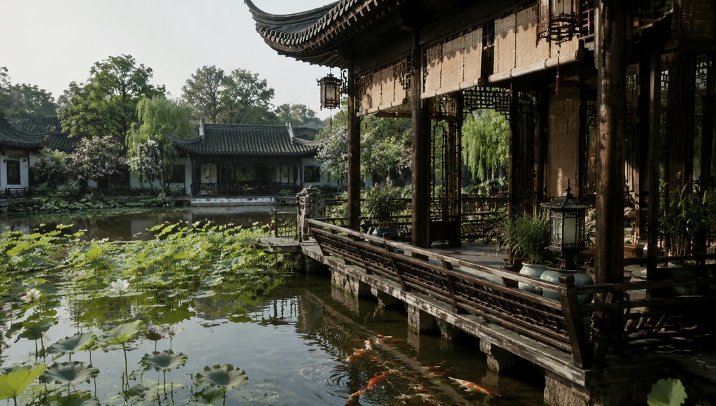 古典荷塘水榭，飞檐临水，荷花盛开，锦鲤游动，中式园林写实场景