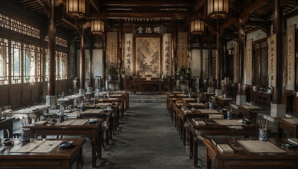 古代书院学堂内部,木质书案整齐排列,悬挂书法对联与山水画,古风写实场景