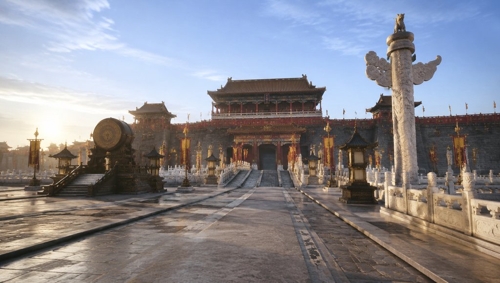 古装宫廷宫门广场,白玉栏杆与华表,写实风格3D场景