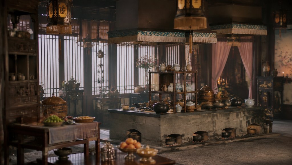 古装宫廷小厨房,灶台食盒瓷碗银箸,写实风格3D场景