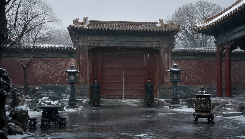 古装宫廷禁足偏殿,紧闭红门,两名守卫肃立,雪中庭院寥落写实