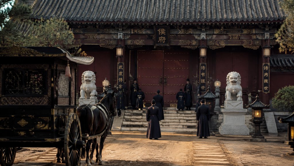 古装宫廷府邸门前,朱漆大门两侧石狮守卫,人物列队,马车停驻,写实风格