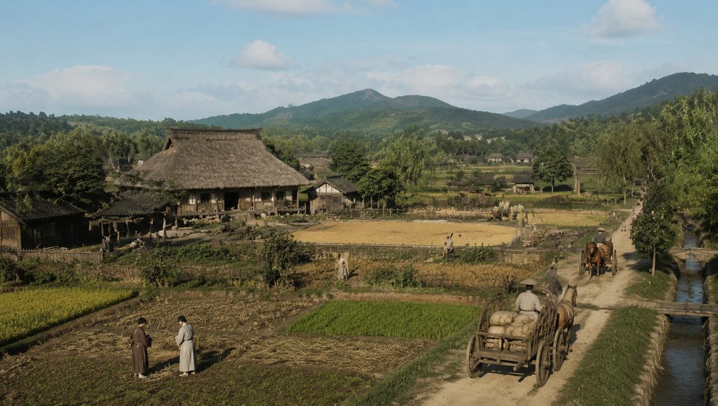 古装田庄场景,农舍与晒谷场,佃户劳作,马车行进,写实风格