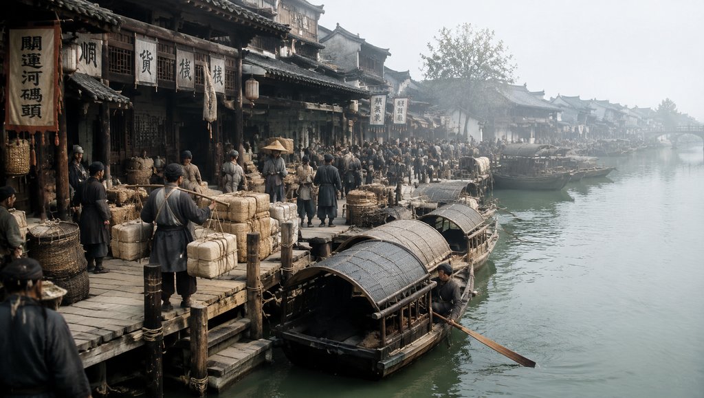 古镇码头乌篷船与挑夫，古装写实场景，木质栈桥货栈，繁忙水运