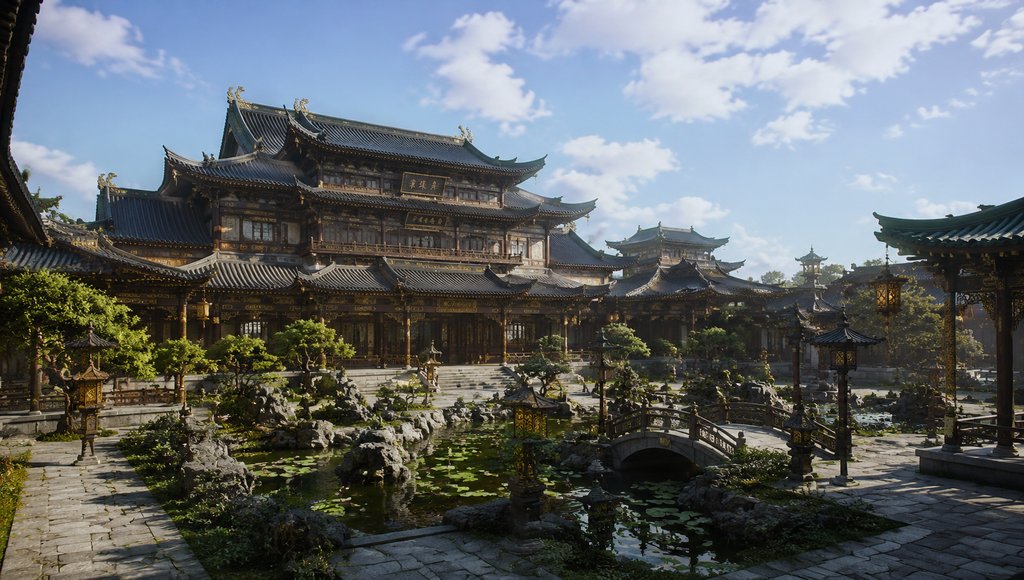 古装宫廷驸马府园林楼阁,奢华写实风格,飞檐翘角,池塘小桥,绿植环绕