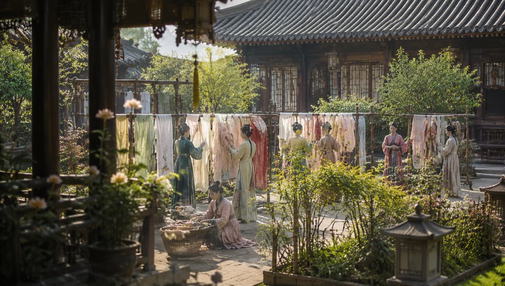 古装宫廷院落中,宫女们在花架旁晾晒华服,写实风格场景
