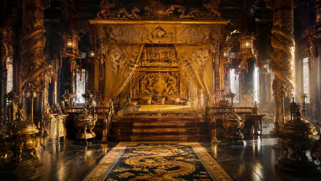 帝王寝宫内金碧辉煌的龙床，雕龙柱与锦褥彰显皇家气派，写实古装宫廷风格