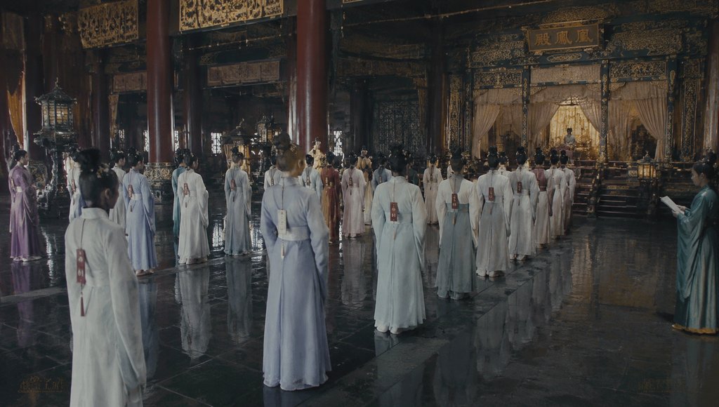 宫廷选秀殿内,秀女列队等候,帘后主位端坐,女官持卷记录,古装写实场景
