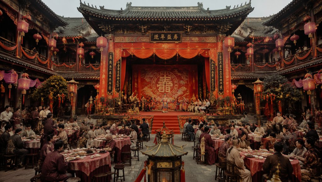 古装宫廷寿宴场景,戏楼张灯结彩,众人围桌宴饮,戏台上演传统戏曲,写实风格