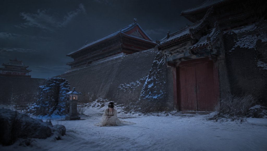 雪夜冷宫中,身着古装的女子跪坐于积雪之上,身旁孤灯微亮,背景为残破宫墙与传统建筑