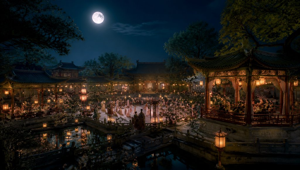 月光下的古装宫廷御花园夜宴，彩灯璀璨，歌舞升平，写实风格3D场景