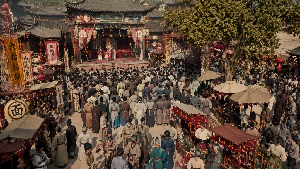 古装市集庙会场景,戏台表演与人群熙攘,灯笼高挂,写实风格