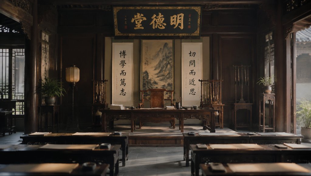古代私塾教室,明德堂匾额高悬,书案整齐排列,字画与戒尺点缀其间,写实古风场景