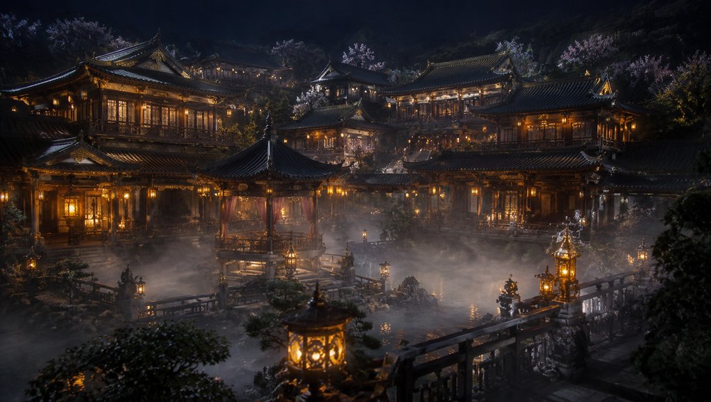 夜幕下的皇家温泉行宫，灯火辉煌，雾气缭绕，古风亭榭与宫灯辉映，写实宫廷场景