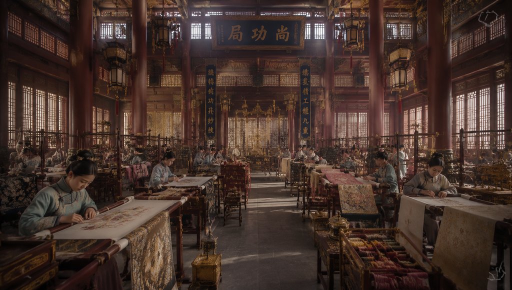 古装宫廷绣坊内,女子们在绣架前专注刺绣,红木柱与雕梁画栋环绕,阳光透过窗棂洒落,写实风格