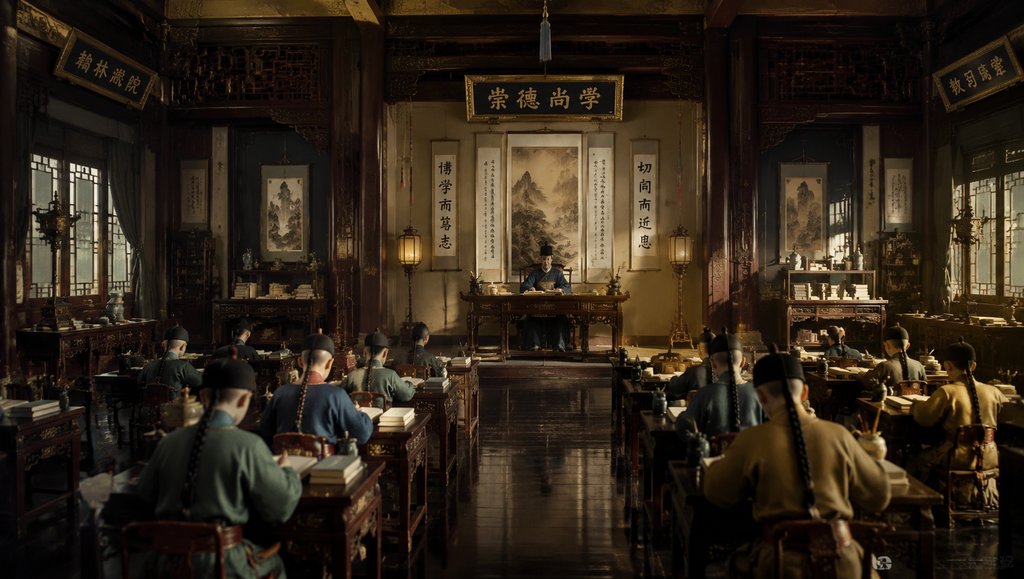 古装宫廷上书房，学子伏案读书，老师讲学，中式古典建筑与字画装饰，写实风格