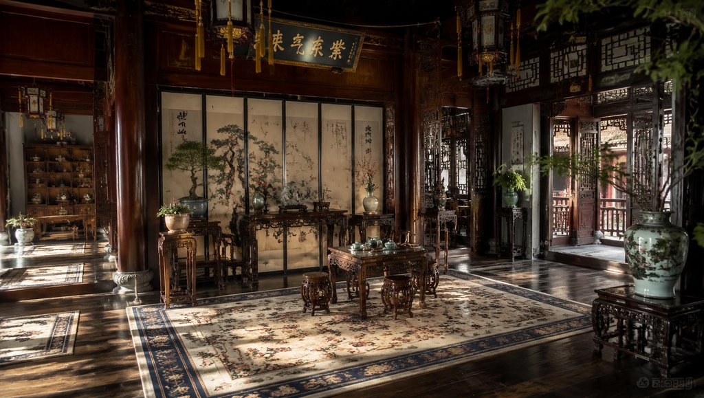 古装宫廷花厅，屏风花几茶席，中式古典建筑内景
