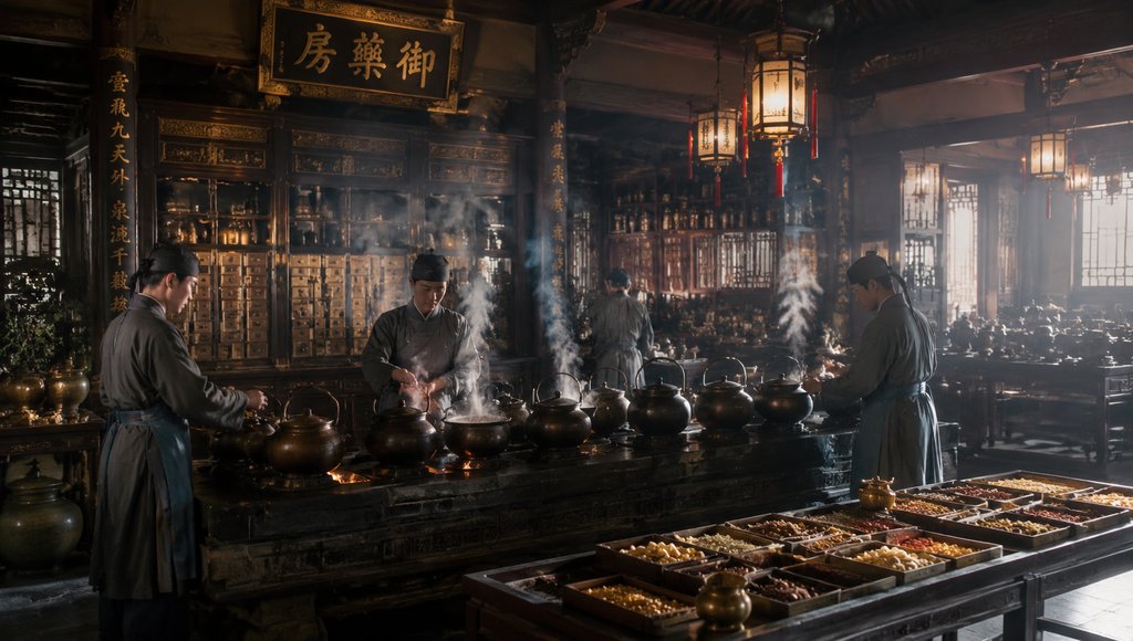 古装宫廷御药房内,药师在药炉前煎药,蒸汽弥漫,药材陈列,写实风格