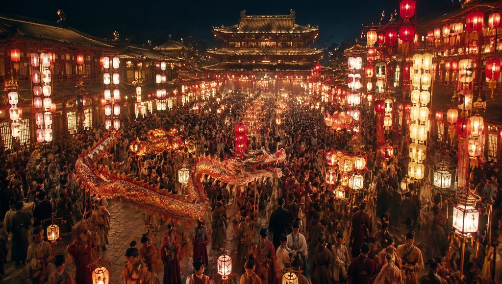 元宵灯会夜景，古装人群舞龙，满街红灯笼，宫廷建筑灯火辉煌