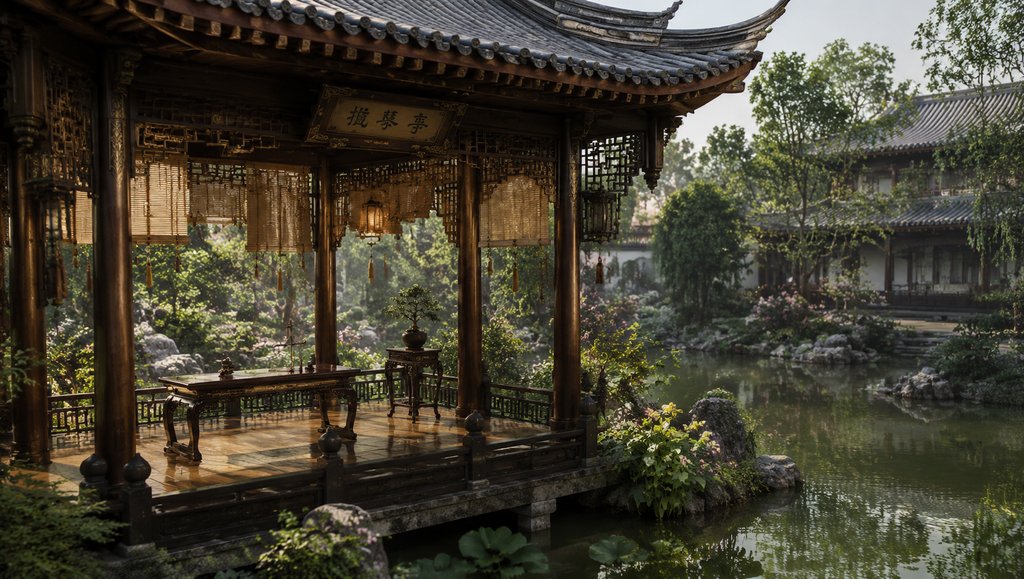 古典临水亭榭，雕梁画栋，古琴香几陈设，中式园林意境
