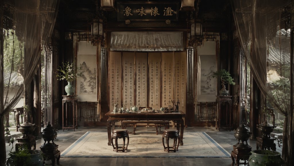 古风世家茶室,雕花木桌配茶器,屏风字画与香炉点缀,写实中式庭院场景