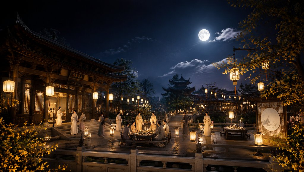 古装宫廷中秋赏月场景,明月高悬,人物身着汉服围坐宴席,灯火辉煌,桂花盛开,写实风格