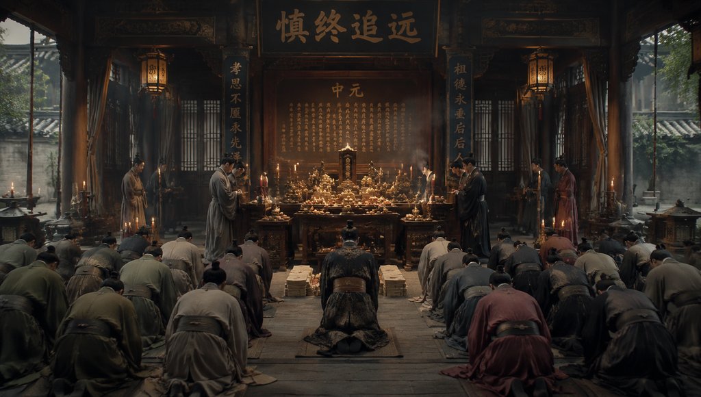 古装世家祭祖场景,众人跪拜香案前,烛火摇曳,供品纸钱陈列,写实风格