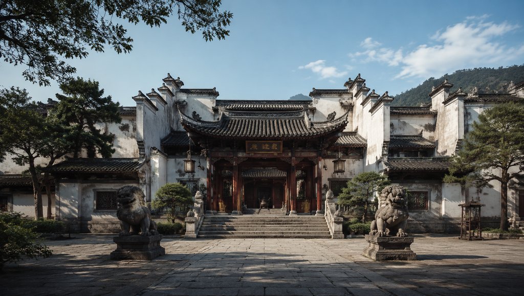 中式世家府邸,马头墙与朱漆门楼,石狮守卫,古装宫廷写实风格建筑