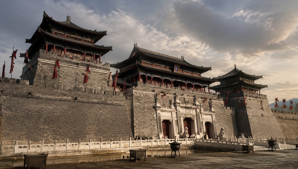 古风城楼宫门,重檐飞翘,白玉拱门,旌旗飘扬,写实中式宫廷建筑