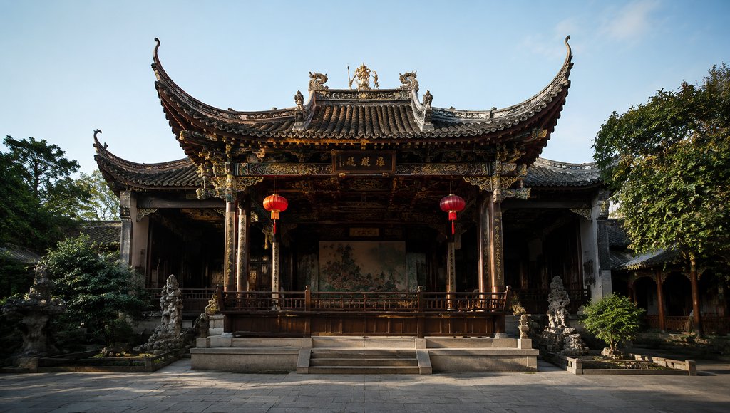 古风戏台楼,飞檐翘角,雕梁画栋,红灯笼高挂,中式古典建筑