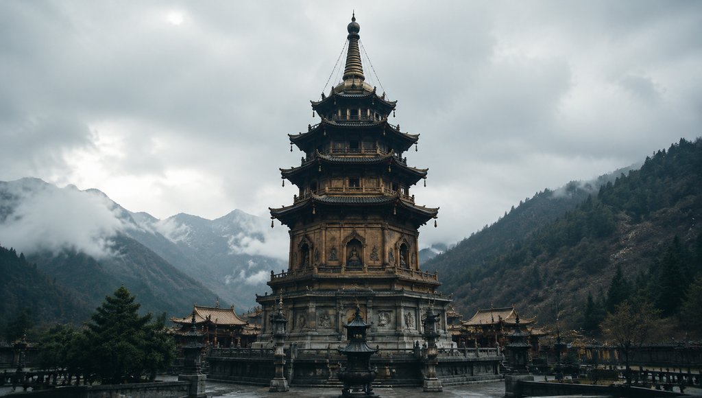 层叠覆檐的佛塔，塔刹高耸，佛龛环绕，古装宫廷风格写实建筑，山雾缭绕