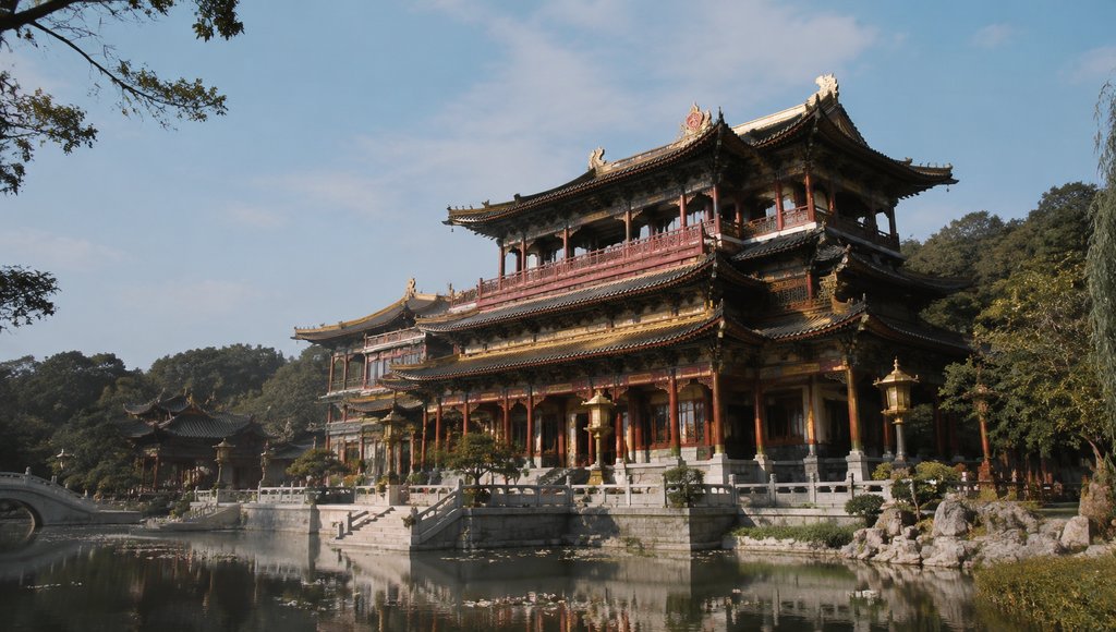 临水皇家园林楼阁，重檐叠瓦，朱栏环绕，古典宫廷建筑风格