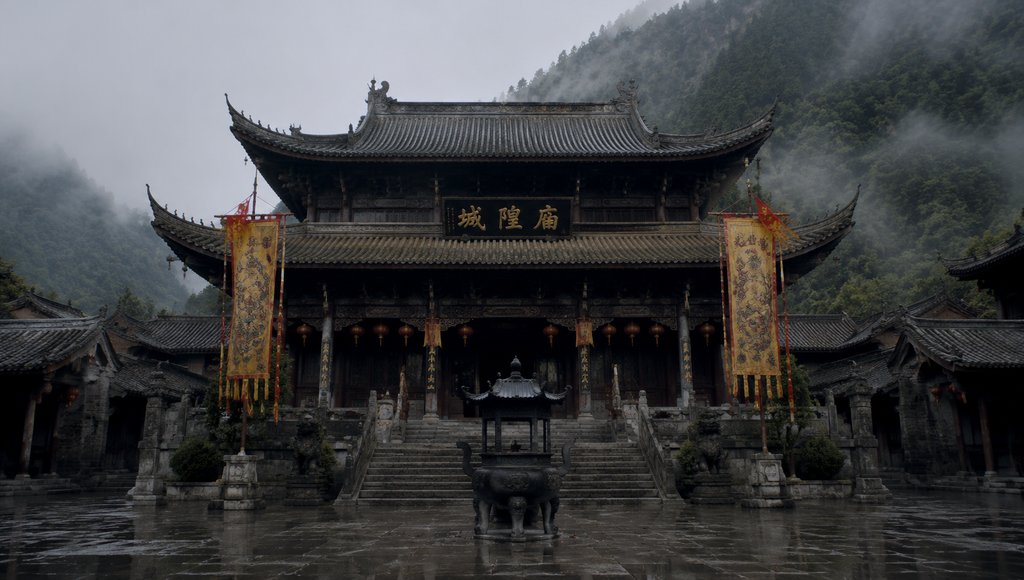 古风城隍庙建筑，重檐飞角，匾额香炉，幡幢飘扬，雨雾缭绕，写实风格