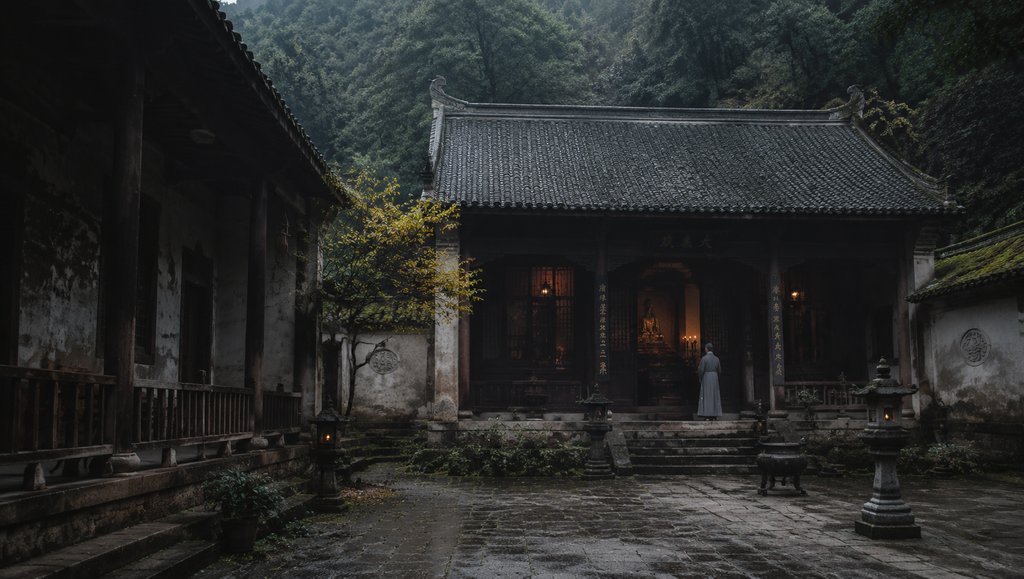 古朴尼姑庵，素瓦顶与白墙，回廊环绕，一人立于殿前，幽静山林背景，写实风格