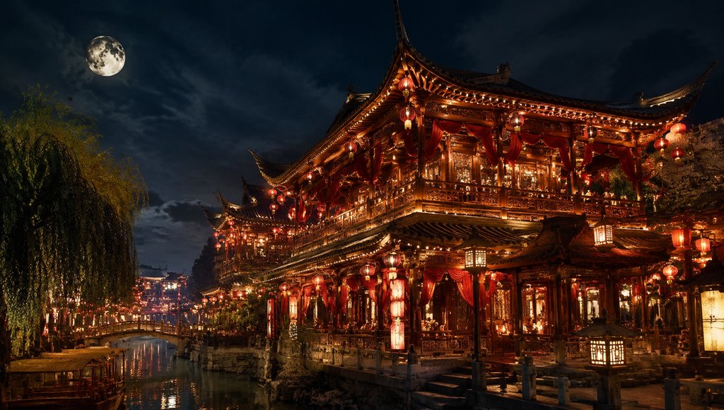 夜色中灯火辉煌的古代青楼建筑，飞檐雕栏，红纱灯笼点缀，月光映照水景，写实风格