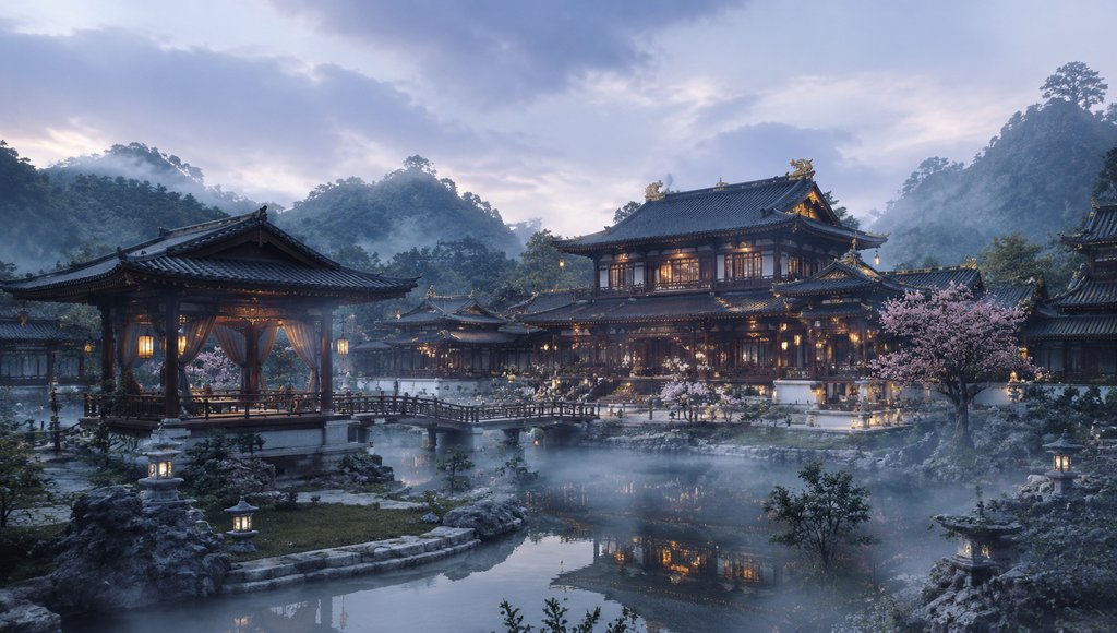 古风行宫别苑,中式园林楼阁,夜雾缭绕,灯火通明,樱花盛开,水面倒影清晰,写实风格
