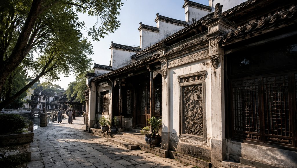 白墙黛瓦的古风民居,木门花窗,青石小巷,绿树掩映,写实中式建筑