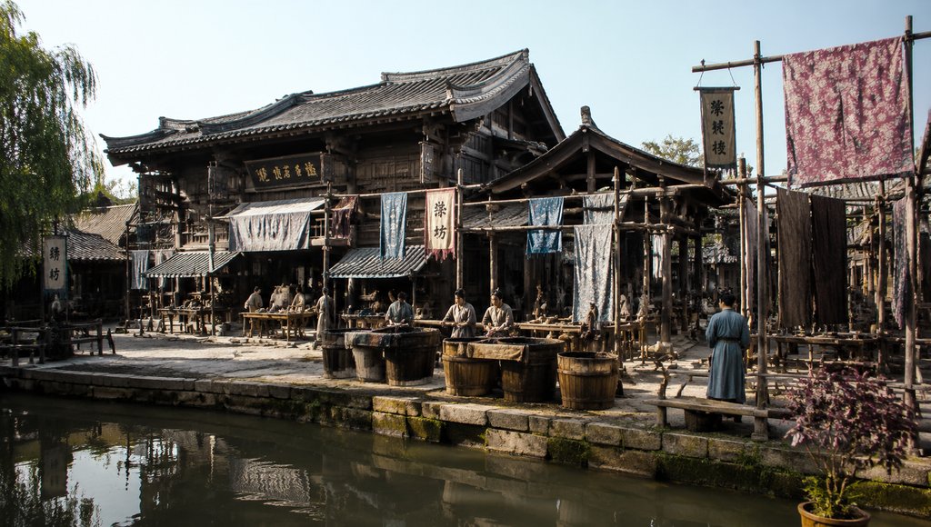 古风绣坊染坊木构建筑，临水而建，人物忙碌，布匹悬挂，写实风格
