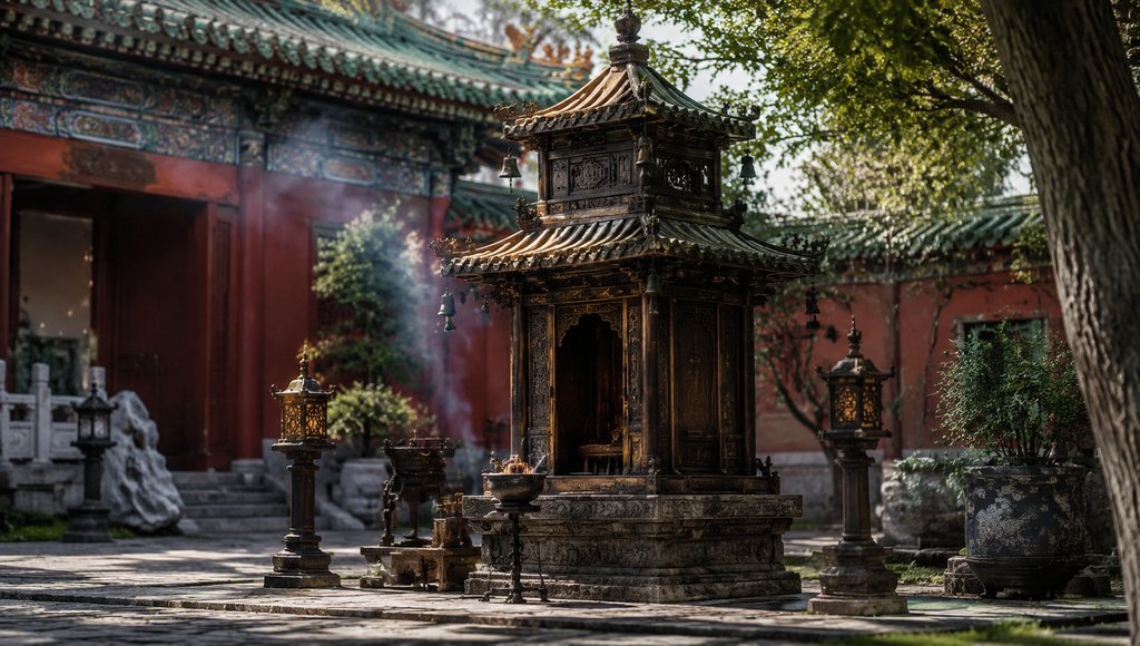 古装宫廷礼佛塔，精巧覆檐挂铃，烟雾缭绕，写实风格